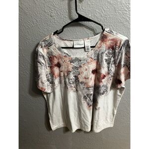 Alfred Dunner Short Sleeve Off White Floral Blouse Womens Size Large